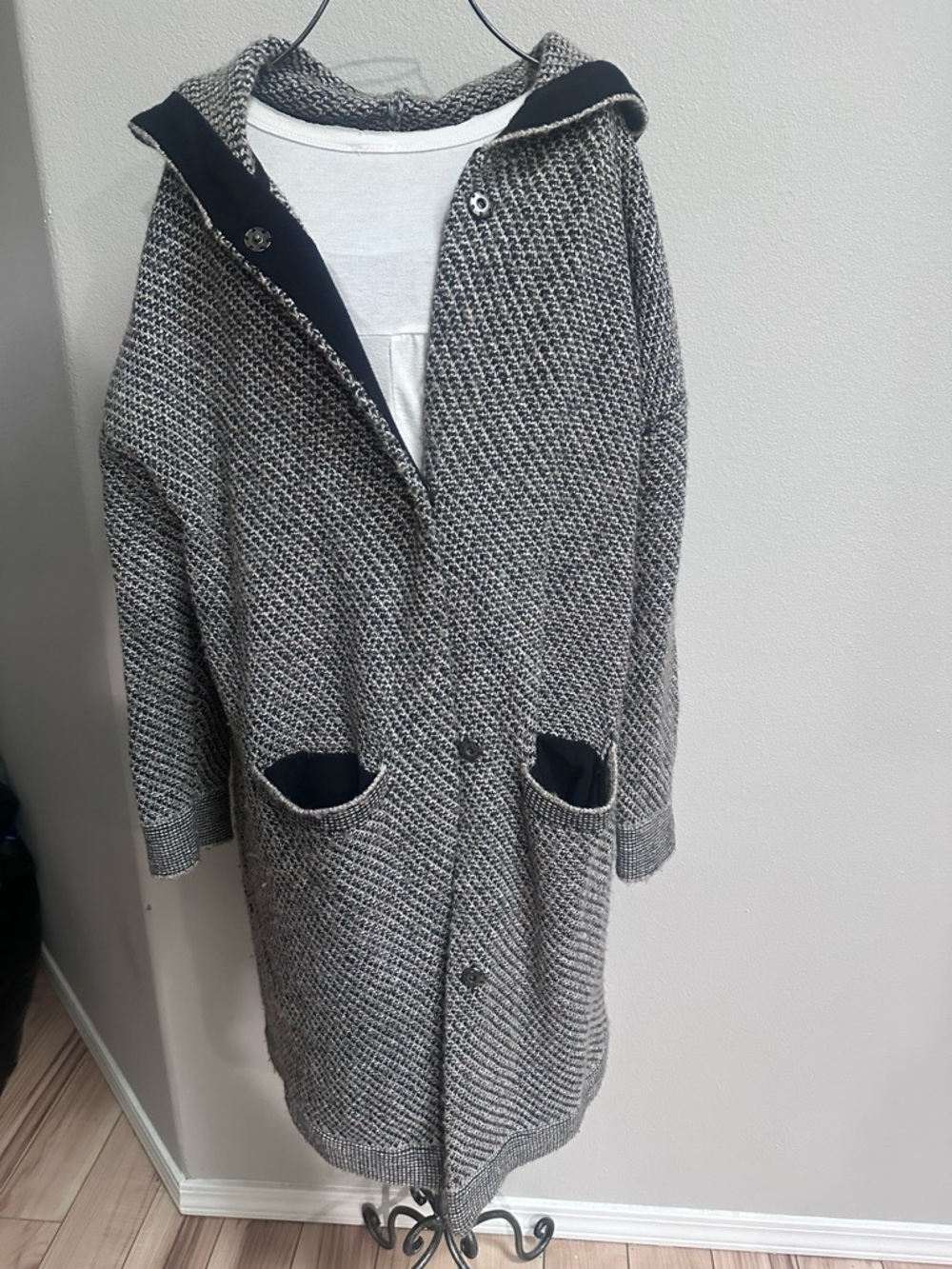 Long Hooded Knit Cardigan in Black and White